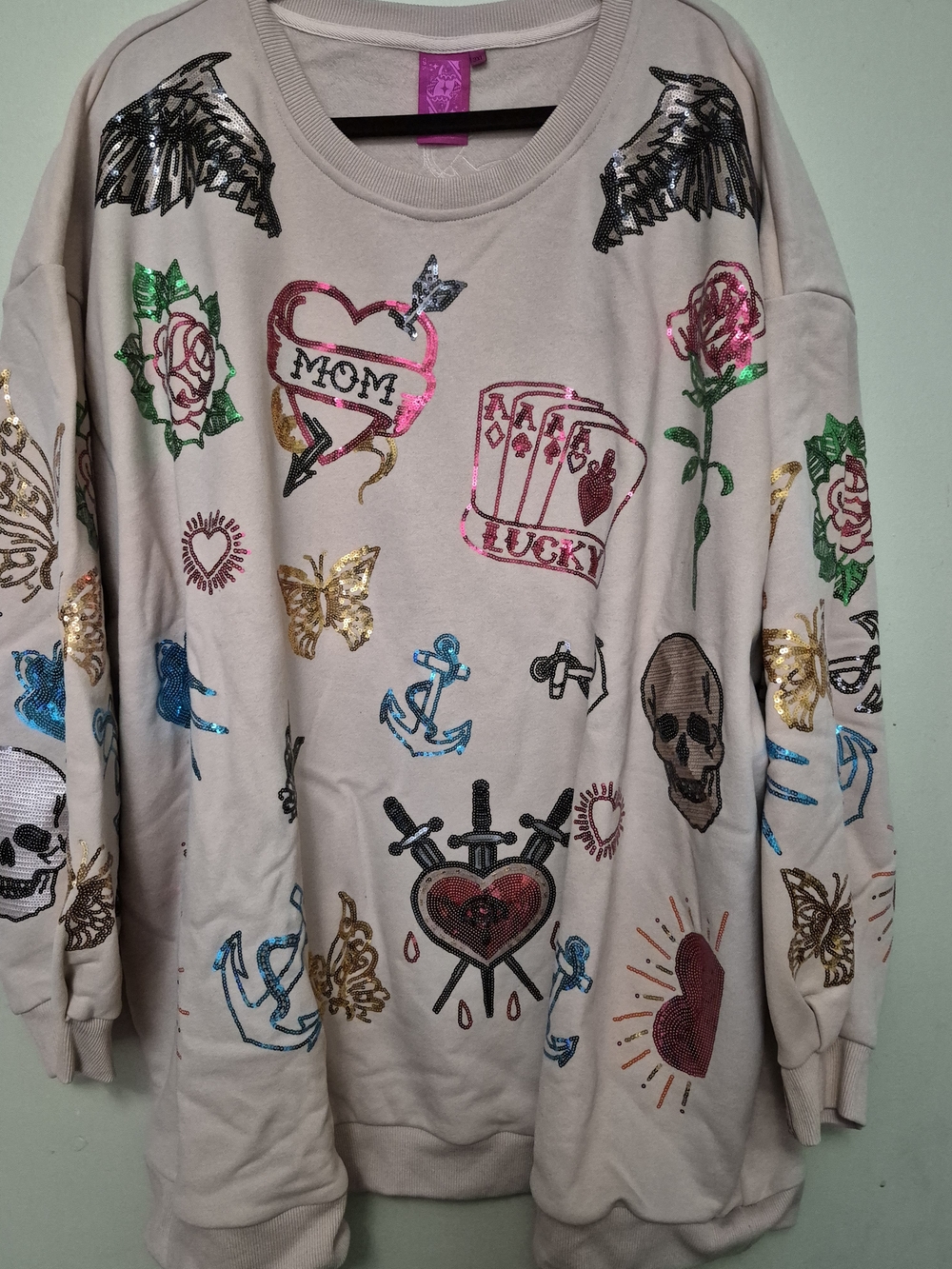 QUEEN OF SPARKLES Cream Sequin Graphic Sweatshirt